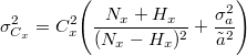 \[ \sigma^{2}_{C_{x}} = C^2_{x} \Bigg(\frac{N_{x}+H_{x}}{(N_{x}-H_{x})^2}+\frac{\sigma^2_{a}}{\tilde{a}^2}\Bigg) \]