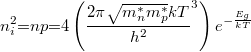 \[n_i^2 {{=}} np {{=}}4\left ({\frac{2\pi \sqrt{m_n^*m_p^*}kT}{h^2}}^3\right )e^{-\frac{E_g}{kT}}\]