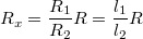 \[R_x=\frac{R_1}{R_2}R=\frac{l_1}{l_2}R\]