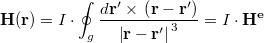 \[\mathbf{H(r)} = I \cdot \oint_g \frac{d\mathbf{r'}\times{}\left(\mathbf{r-r'}\right)}{{\left\vert{}\mathbf{r-r'}\right\vert{}}^3} = I \cdot \mathbf{H^e}\]