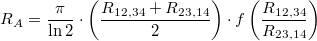 \[ R_{A} = \frac{\pi }{\ln 2 }\cdot\left(\frac{R_{12,34}+R_{23,14} }{2 }\right)\cdot f\left(\frac{R_{12,34} }{R_{23,14} }\right) \]