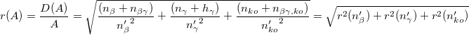 \[ r(A) = \frac{D(A)}{A} = \sqrt {\frac{(n_{\beta}+n_{\beta\gamma})}{{n'_{\beta}}^2}+\frac{(n_{\gamma}+h_{\gamma})}{{n'_{\gamma}}^2}+\frac{(n_{ko}+n_{\beta\gamma,ko})}{{n'_{ko}}^2}} = \sqrt {r^{2}(n'_{\beta})+r^{2}(n'_{\gamma})+r^{2}(n'_{ko})} \]