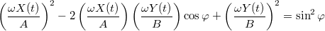 \[\left(\frac{\omega X(t)}{A}\right)^2-2\left(\frac{\omega X(t)}{A}\right)\left(\frac{\omega Y(t)}{B}\right)\cos\varphi+\left(\frac{\omega Y(t)}{B}\right)^2=\sin^{2}\varphi\]