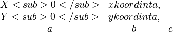 \begin{matrix}
X<sub>0</sub> & x koordináta, \\
Y<sub>0</sub> & y koordináta, \\
a & b & c
\end{matrix}
