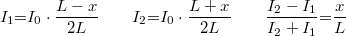 \[I_1 {{=}} I_0\cdot\frac{L - x}{2L} \qquad I_2 {{=}} I_0\cdot\frac{L + x}{2L} \qquad \frac{I_2 - I_1}{I_2 + I_1} {{=}} \frac{x}{L}\]