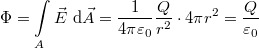 \[{\Phi} = \int\limits_{A} \vec E \ {\rm d}\vec A = \frac{1}{4\pi\varepsilon_0} \frac{Q}{r^2} \cdot 4{\pi}{r^2} = \frac{Q}{\varepsilon_0} \]