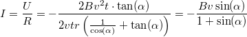 \[I = \frac{U}{R} =-\frac{ 2 B v^2 t \cdot \tan(\alpha) }   {2 v t r \left(\frac{1}{\cos(\alpha)}+\tan(\alpha)\right)}   = -\frac{B v \sin(\alpha)}{1+\sin(\alpha)}\]
