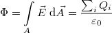 \[{\Phi} = \int\limits_{A} \vec E \ {\rm d}\vec A =  \frac{\sum_{i} Q_i}{\varepsilon_0} \]
