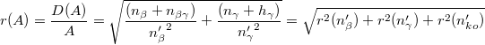 \[ r(A) = \frac{D(A)}{A} = \sqrt {\frac{(n_{\beta}+n_{\beta\gamma})}{{n'_{\beta}}^2}+\frac{(n_{\gamma}+h_{\gamma})}{{n'_{\gamma}}^2}} = \sqrt {r^{2}(n'_{\beta})+r^{2}(n'_{\gamma})+r^{2}(n'_{ko})} \]