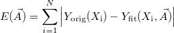 \[E(\vec{A})=\sum_{i=1}^{N} \left| Y_\textrm{orig}(X_\textrm{i}) - Y_\textrm{fit}(X_\textrm{i}, \vec{A})\right| \label{MCEnergyEq} \]