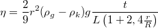 \[\eta=\frac{2}{9}r^2(\rho_g-\rho_k)g\frac{t}{L\left(1+2,4\frac{r}{R}\right)}\]