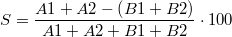 \[S=\frac{A1+A2-\left(B1+B2\right)}{A1+A2+B1+B2}\cdot 100\]