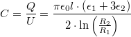 \[C = \frac{Q}{U} = \frac{\pi\epsilon_0 l\cdot\left(\epsilon_1+3\epsilon_2\right)}{2\cdot\ln\left(\frac{R_2}{R_1}\right)}\]