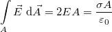 \[\int\limits_{A} \vec E \ {\rm d}\vec A = 2EA  =  \frac{\sigma A}{\varepsilon_0}\]